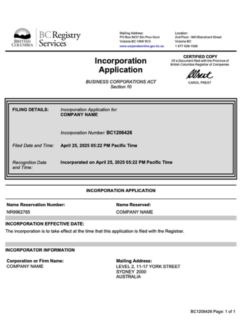 British Columbia incorporation application Word and PDF template
